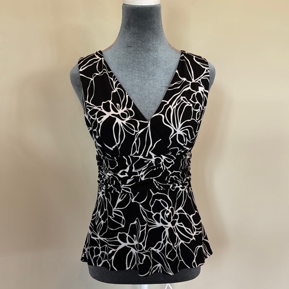 White House Black Market Black and White Sleeveless Wrap Top